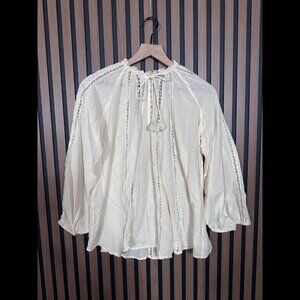 Spell & The Gypsy Top Small Womens Ivory Sailet Poplin Blouse Lace Trim